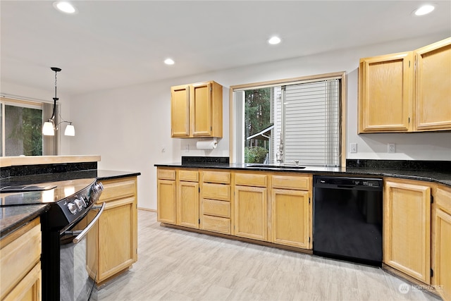 kitchen with light brown cabinets, black appliances, and hanging light fixtures