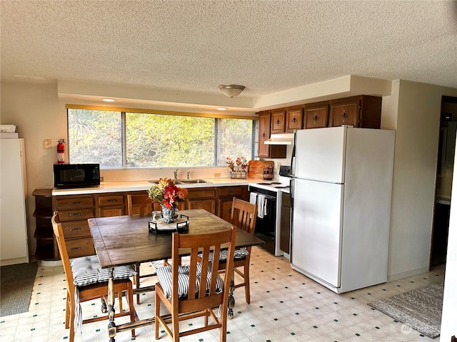 kitchen featuring a textured ceiling, stainless steel electric range, sink, and white refrigerator