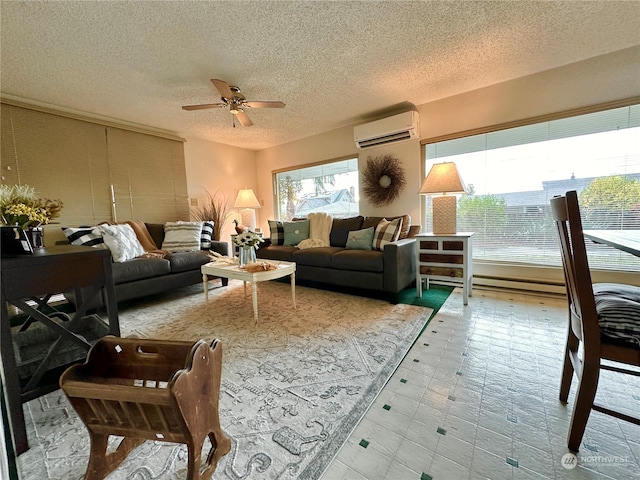 living room featuring ceiling fan, a textured ceiling, and a wall unit AC