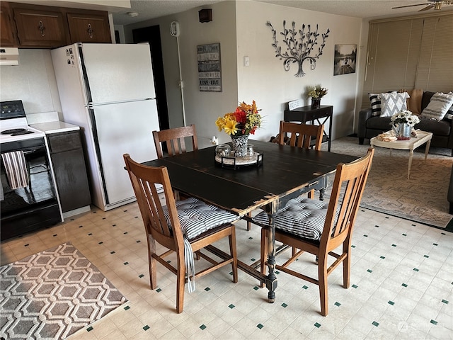 dining area featuring a textured ceiling and ceiling fan