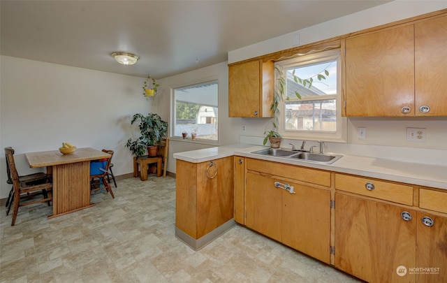 kitchen featuring sink, kitchen peninsula, and a healthy amount of sunlight