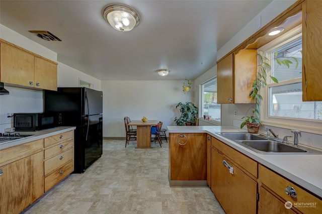 kitchen with gas stovetop, sink, exhaust hood, and kitchen peninsula