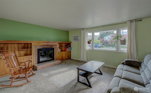 carpeted living room with a wall mounted AC and a brick fireplace