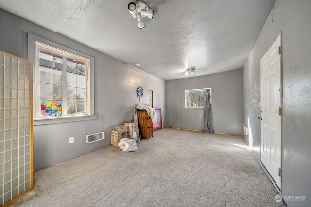 miscellaneous room with a textured ceiling and light colored carpet