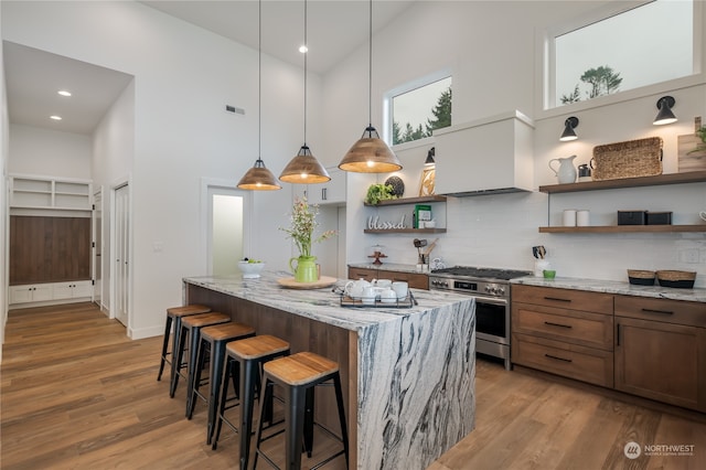 kitchen with light stone counters, high end stove, a high ceiling, and pendant lighting