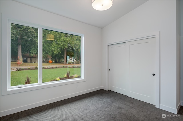 unfurnished bedroom with dark carpet, lofted ceiling, multiple windows, and a closet