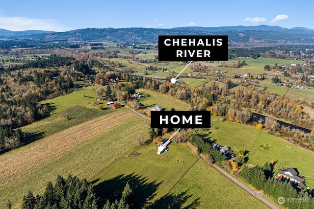 birds eye view of property with a mountain view and a rural view