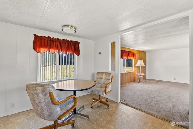 dining space featuring wood walls, a textured ceiling, and carpet flooring