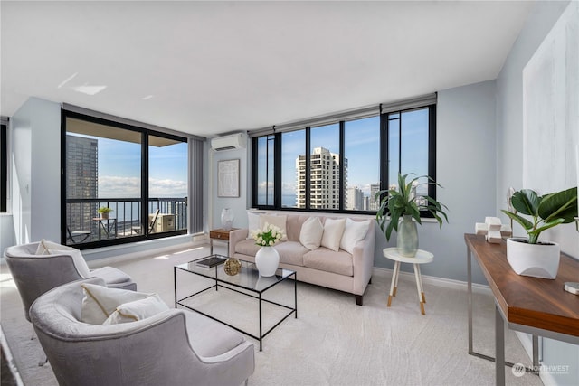 carpeted living room with a wall mounted air conditioner, plenty of natural light, and floor to ceiling windows