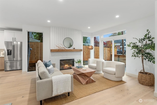 living room featuring light hardwood / wood-style flooring and a fireplace