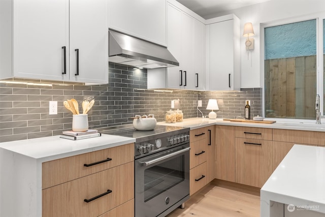 kitchen with light brown cabinets, wall chimney exhaust hood, white cabinetry, and high end stainless steel range oven