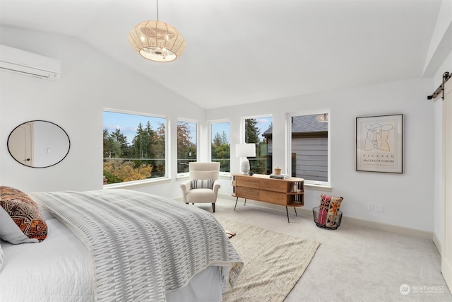 carpeted bedroom with lofted ceiling, a barn door, and a wall unit AC