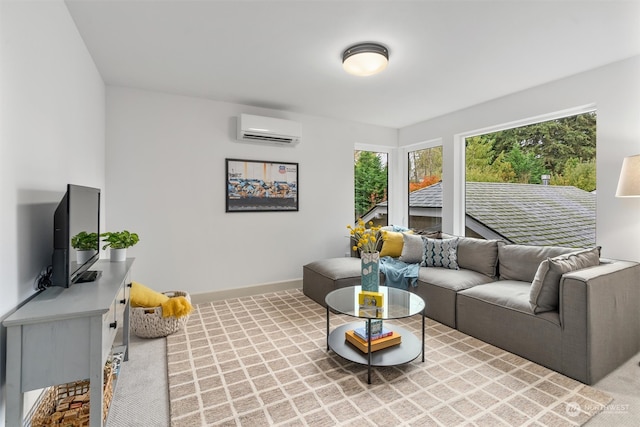 living room featuring carpet flooring and a wall mounted AC