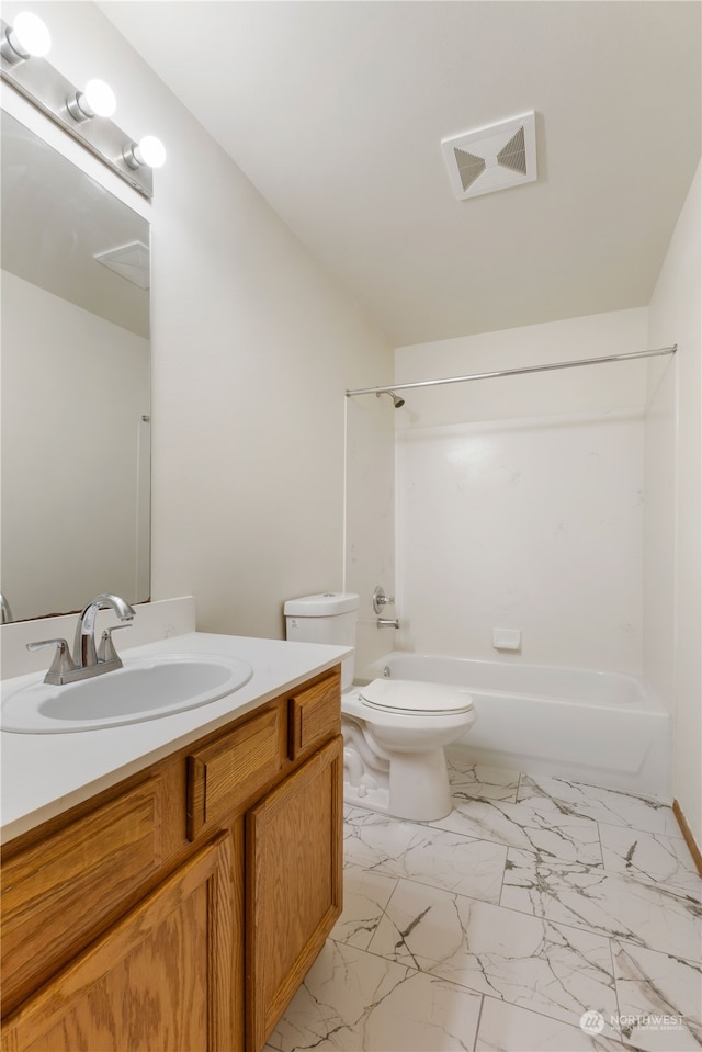 full bathroom featuring vanity, shower / tub combination, and toilet