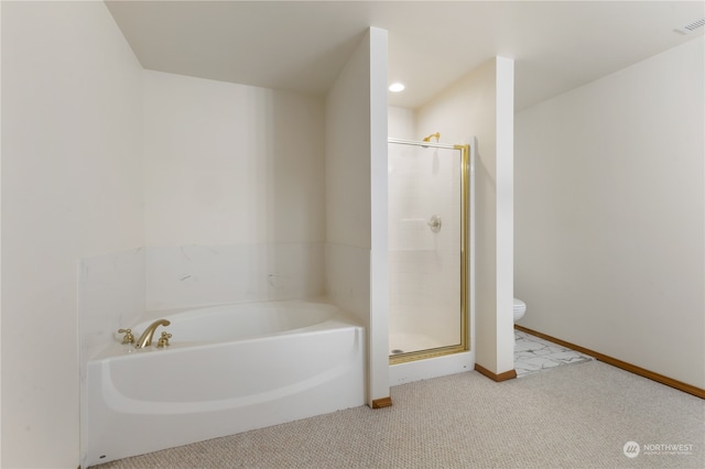 bathroom with toilet and plus walk in shower