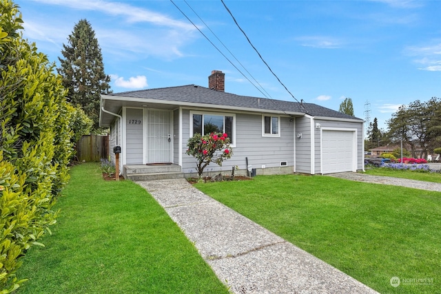 bungalow-style home with a front yard and a garage