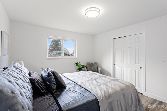 bedroom with hardwood / wood-style floors and a closet