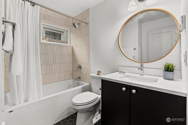 full bathroom featuring vanity, shower / bath combo, and toilet