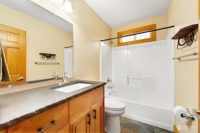 full bathroom with toilet, bathtub / shower combination, and vanity