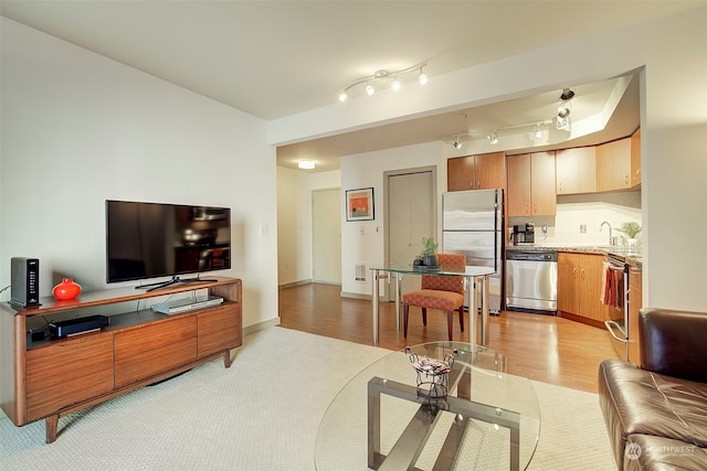 living room featuring sink, track lighting, and light hardwood / wood-style floors