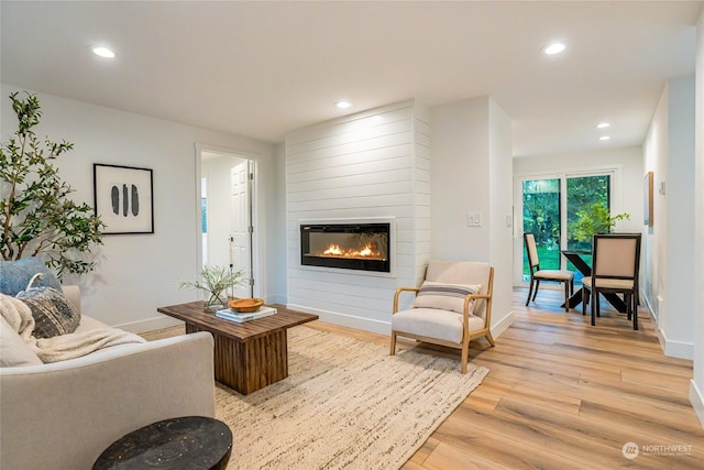 living room with a large fireplace and light hardwood / wood-style flooring