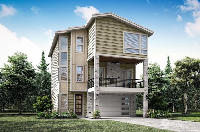 view of front of home featuring a balcony, a front lawn, and a garage