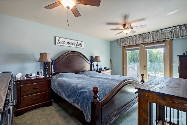 bedroom with ceiling fan, access to outside, dark carpet, and french doors