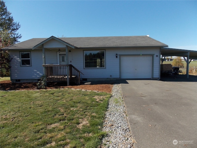 single story home featuring a garage, a carport, and a front lawn