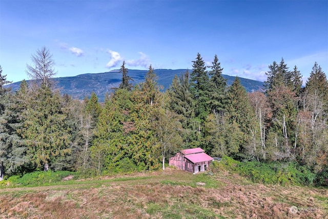mountain view featuring a view of trees