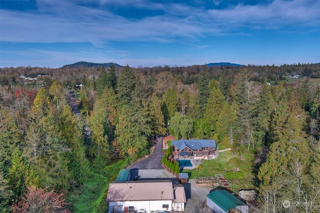 bird's eye view with a mountain view and a forest view