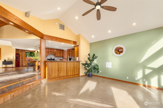 reception with a ceiling fan and visible vents