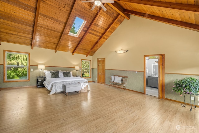 bedroom featuring wood ceiling, a skylight, connected bathroom, and light wood-type flooring