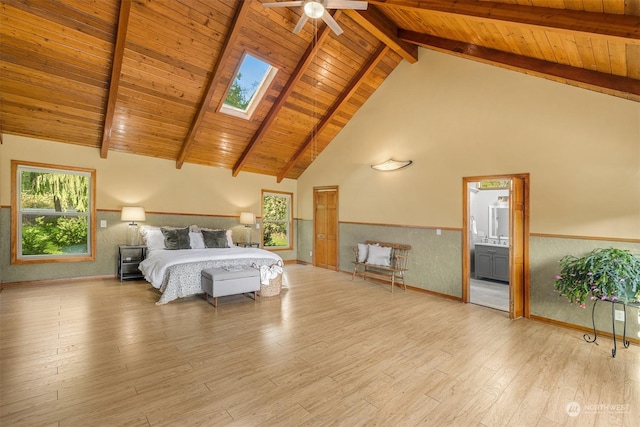 bedroom with wooden ceiling, a wainscoted wall, wood finished floors, beamed ceiling, and a skylight
