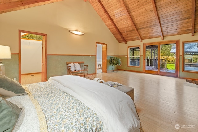 bedroom featuring wood ceiling, beam ceiling, access to exterior, high vaulted ceiling, and light hardwood / wood-style flooring