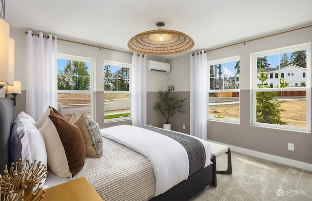 bedroom featuring a wall mounted AC, multiple windows, and light colored carpet