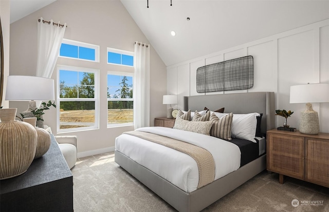 9017 NE 203rd Ct Unit A, Bothell, WA 98011 - carpeted bedroom featuring recessed lighting, baseboards, and high vaulted ceiling