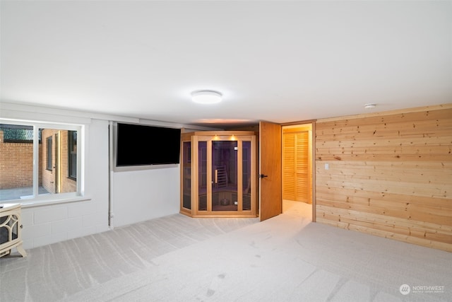 carpeted spare room with wooden walls