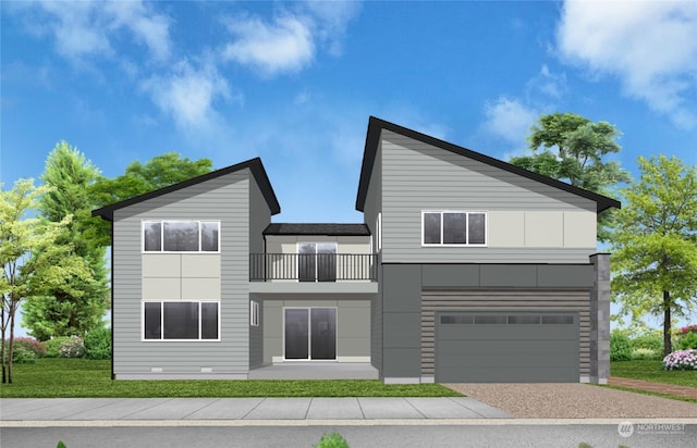 view of front of property with a balcony, a garage, and a front lawn