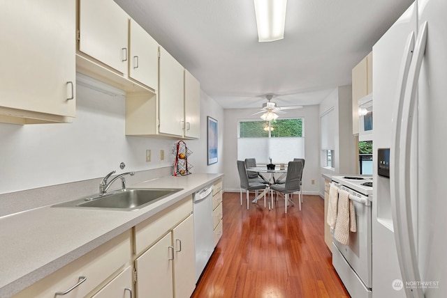 kitchen featuring white appliances, sink, cream cabinetry, light hardwood / wood-style floors, and ceiling fan