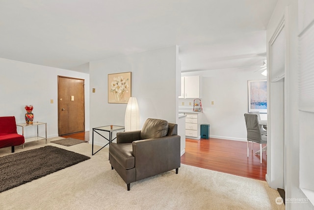 living room with light hardwood / wood-style floors and ceiling fan