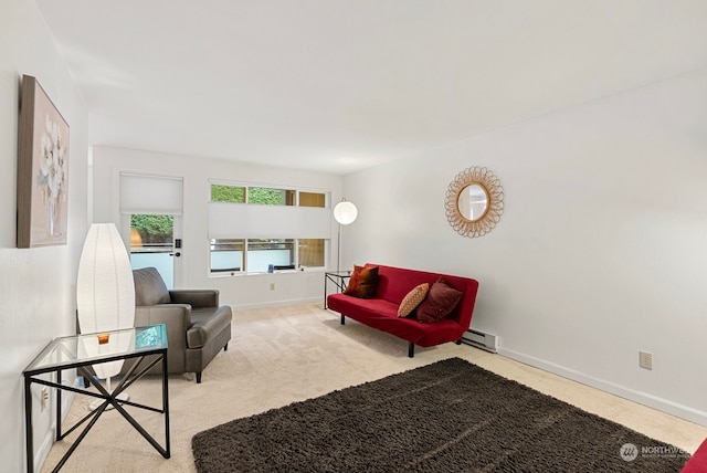 carpeted living room with a baseboard radiator