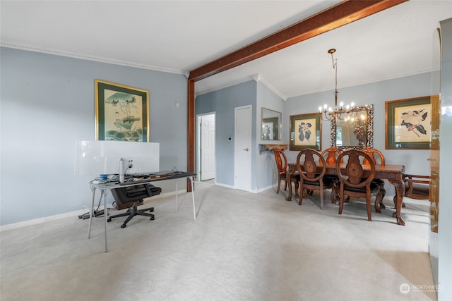 carpeted dining room with an inviting chandelier, beamed ceiling, and crown molding