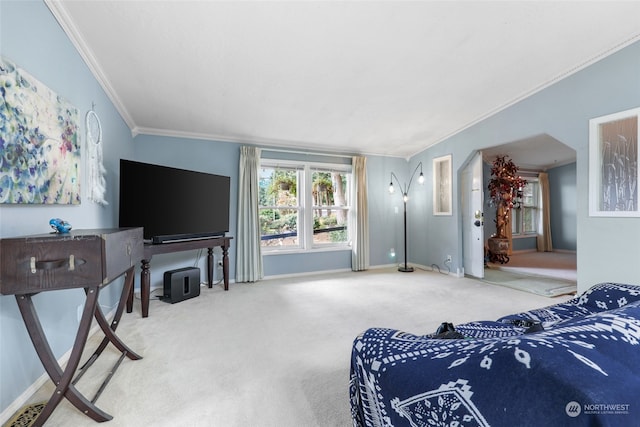 carpeted living room with ornamental molding