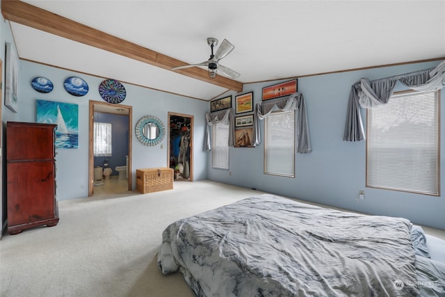 bedroom featuring ceiling fan, lofted ceiling with beams, multiple windows, and light carpet