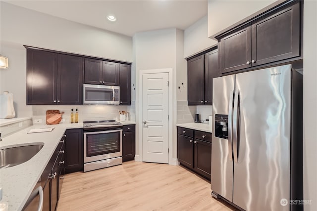 kitchen featuring light hardwood / wood-style floors, stainless steel appliances, tasteful backsplash, and sink