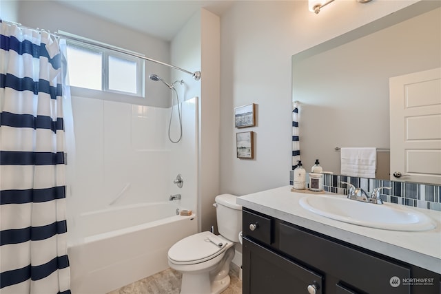 full bathroom with vanity, toilet, shower / bathtub combination with curtain, and decorative backsplash