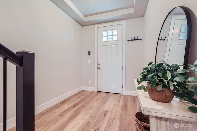 foyer entrance featuring a tray ceiling and light hardwood / wood-style floors