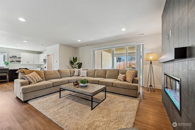 living room with light hardwood / wood-style flooring and a large fireplace