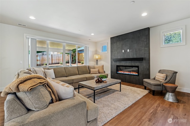 living room featuring a fireplace and hardwood / wood-style flooring