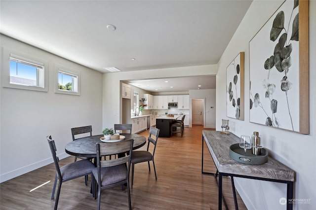 dining space featuring sink and dark hardwood / wood-style floors